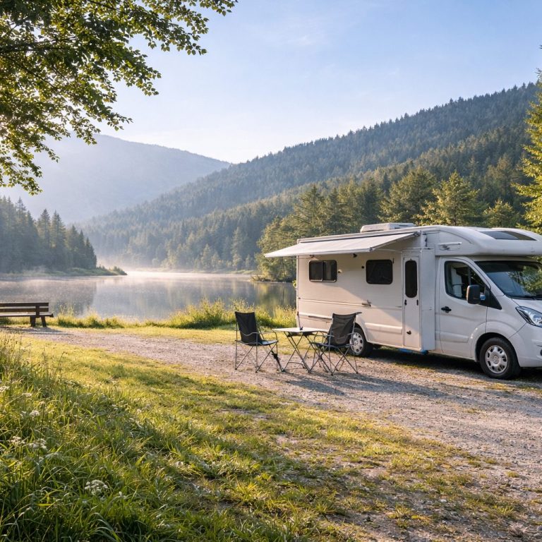 Wohnmobil auf Landstraße Richtung Berge – Symbol für eine individuell geplante Wohnmobilreise durch Europa. Wohnmobil auf ruhigem Stellplatz am See – Beispiel für durchdachte Reiseplanung mit passenden Camping- und Stellplätzen.