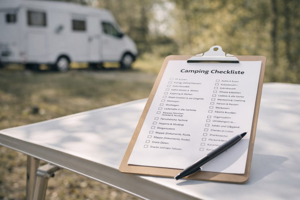 Checkliste für Camper mit Wohnmobil im Hintergrund. Was sollte man alles dabei haben?