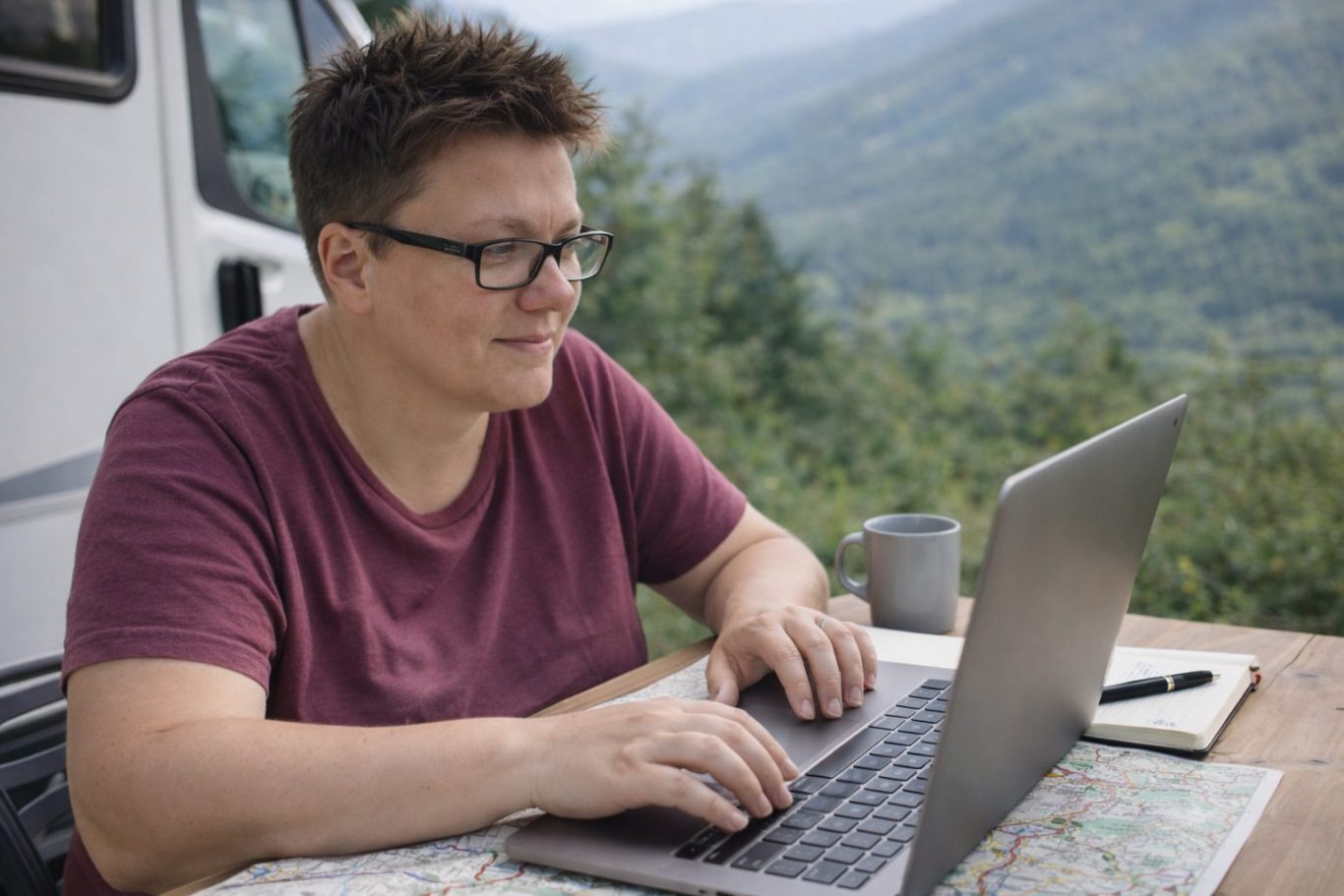 Heidi Seel plant eine individuelle Campingroute am Tisch mit Laptop, Karte und Notizbuch. Persönliche Reiseplanung für Wohnmobil- und Camper