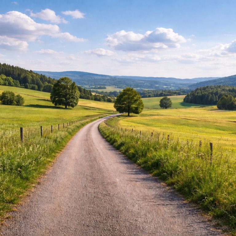 Route durch weite Landschaft – unterwegs mit dem Wohnmobil Landstraße durch eine weite grüne Landschaft bei Tageslicht – Symbol für eine individuell geplante Wohnmobilreise