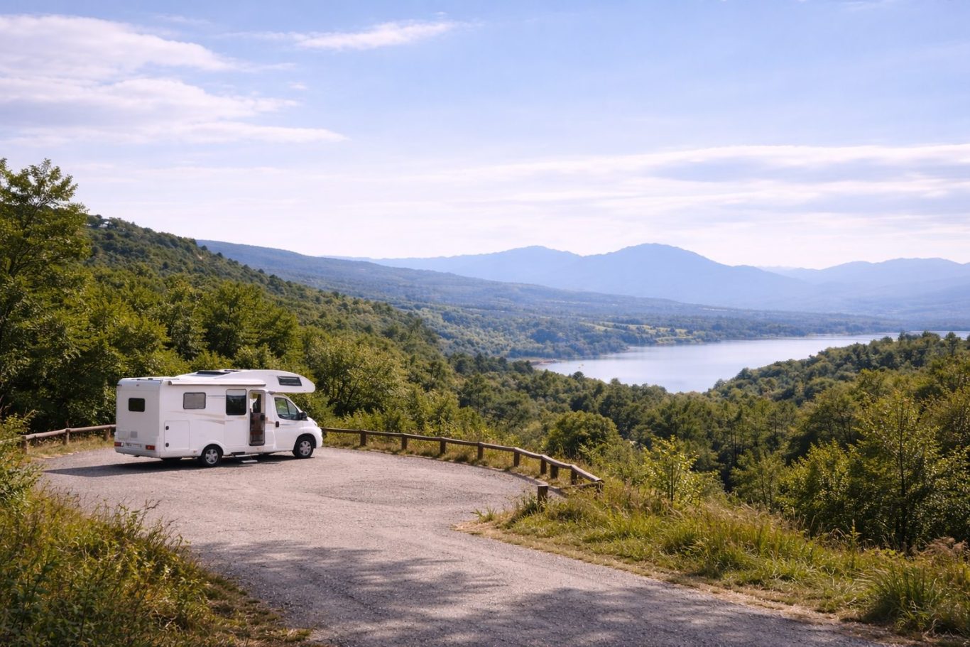 Weißes Wohnmobil steht in einer Parkbucht auf einem Aussichtspunkt mit Blick auf See und Berge.