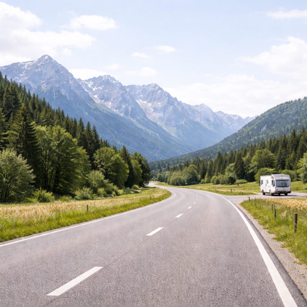 Wohnmobil auf einer kurvigen Straße durch eine alpine Landschaft mit Bergen und Wäldern bei Tageslicht