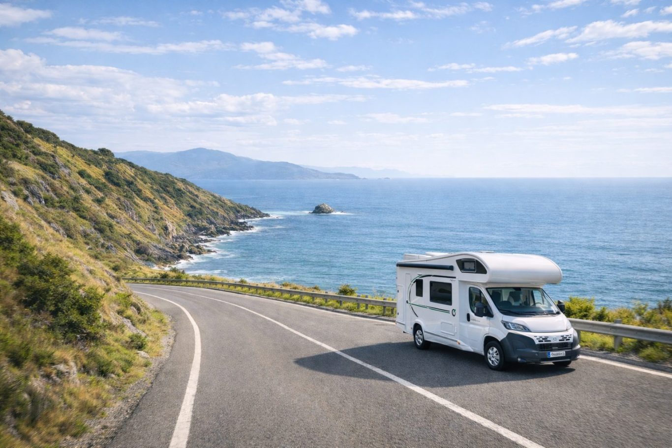 Wohnmobil auf einer Küstenstraße mit Meerblick. Symbol für entspannte Camperreisen mit durchdachter Route und passenden Stellplätzen.