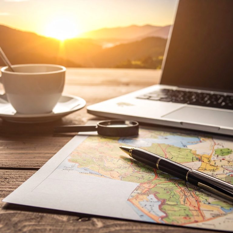 Laptop mit Landkarte und Stift – Planung einer individuellen Campingreise

