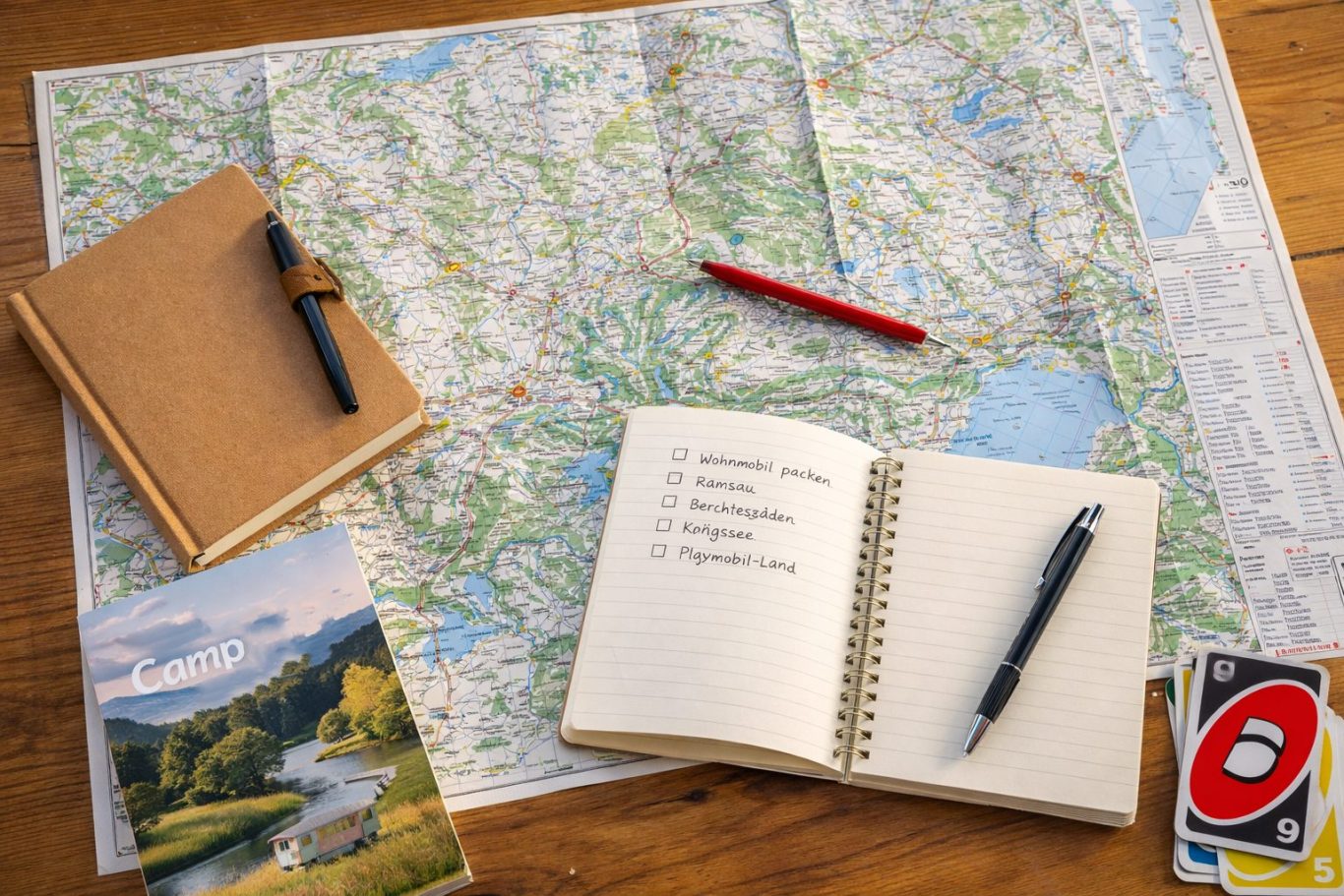 Vorbereitung für eine Campingreise – Planung mit Karte und Notizen Planungstisch mit ausgebreiteter Karte, Notizbuch und Stift bei Tageslicht, ruhig vorbereitet ohne feste Vorgaben