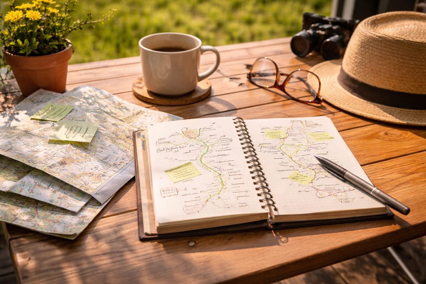 Notizbuch mit eingezeichneter Route liegt auf Karten neben Stift und Kaffeetasse