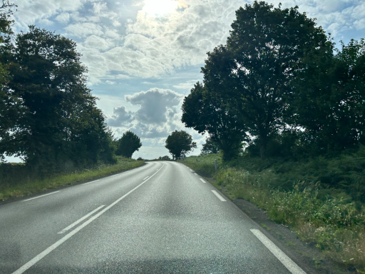 Landstraße durch ländliche Region in Frankreich mit Bäumen am Straßenrand
