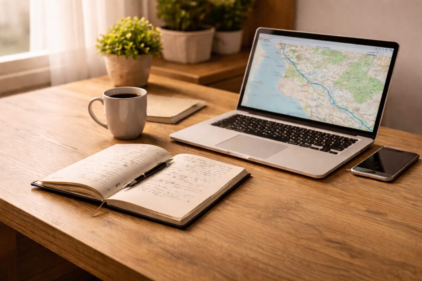 Draufsicht auf eine aufgeklappte Straßenkarte mit Notizblock, Stift und Laptop auf einem Holztisch, Planung einer individuellen Campingreise