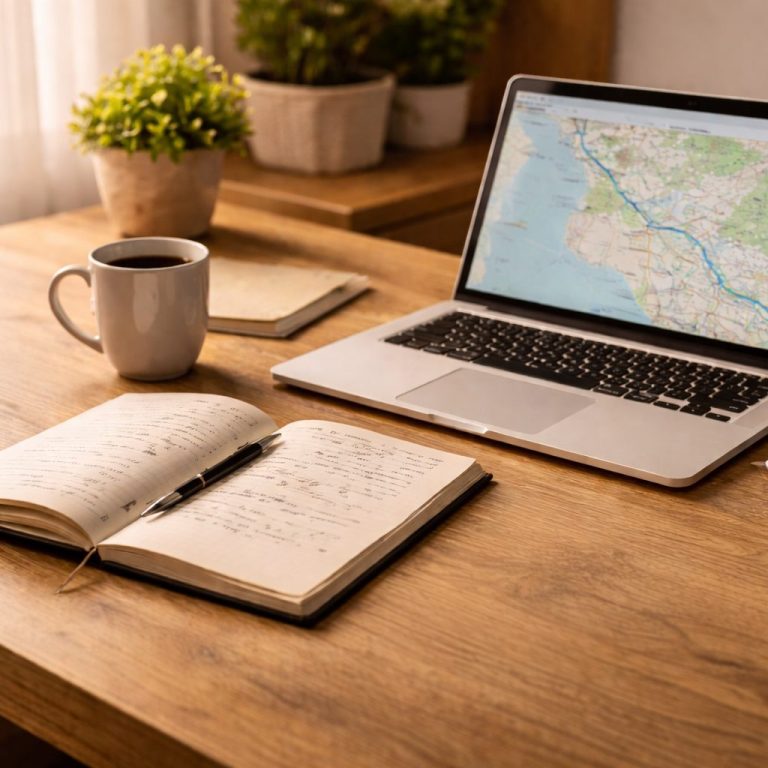 Planung einer Campingreise am Tisch mit Laptop und Karte