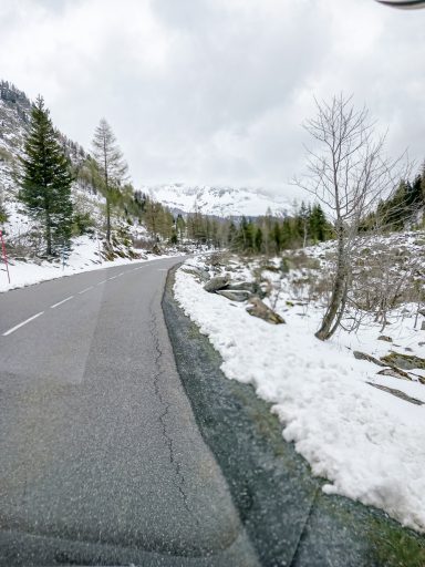 Straße durch verschneite Landschaft mit Bäumen und Bergen