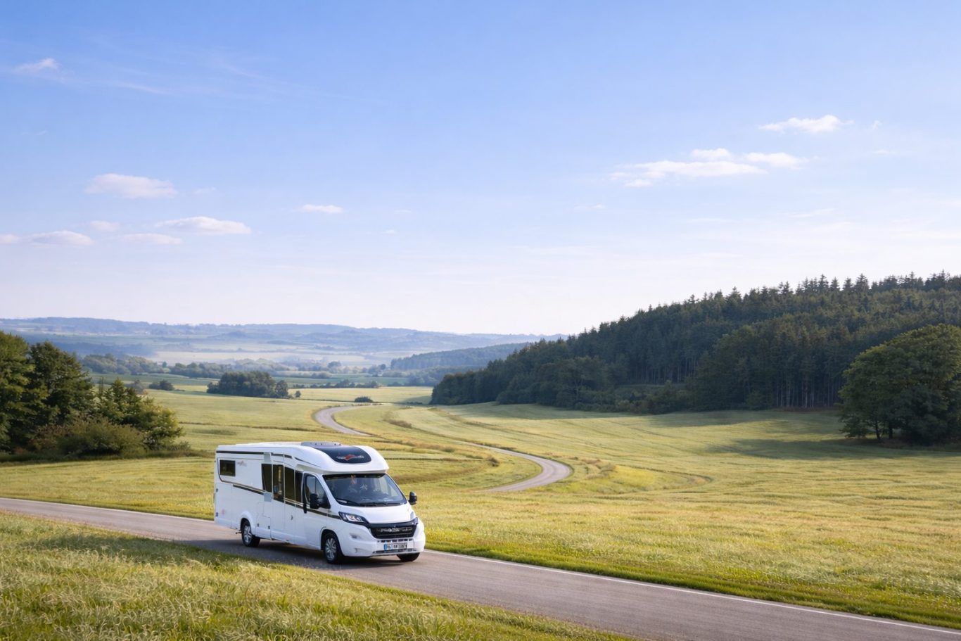 Wohnmobil auf einer kurvigen Route durch eine weite Landschaft. Camping-Explorer plant individuelle Wohnmobilreisen mit passenden Etappen, S