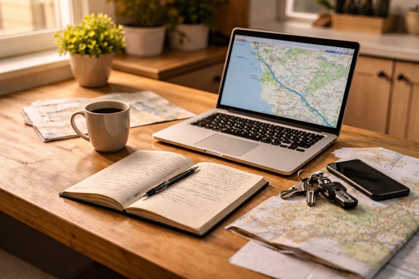 Küchentisch mit Laptop, auf dem eine Routenkarte geöffnet ist, daneben Kaffeetasse, Notizbuch und Autoschlüssel bei warmem Licht