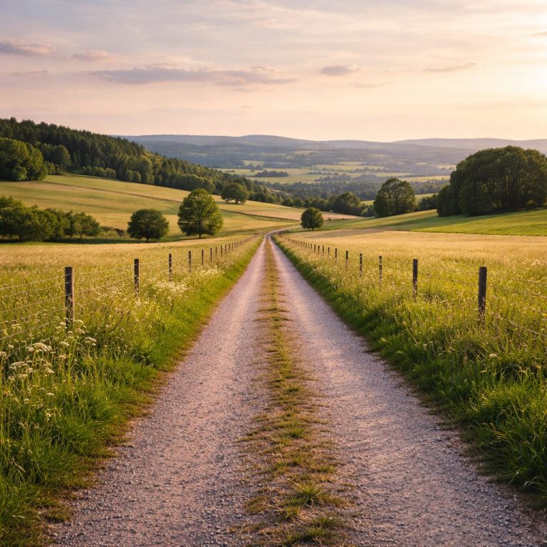 Weg in die Ferne – ruhig vorbereitet unterwegs Schmaler Weg führt durch weite Landschaft in Richtung Horizont bei ruhigen Farben, als Symbol für Vorbereitung, Orientierung und entspanntes
