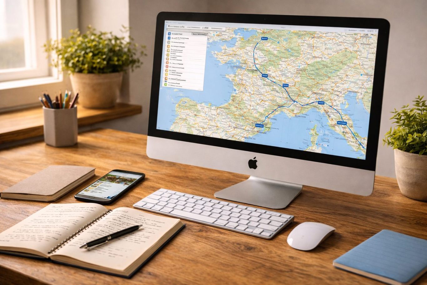 Reiseplanung für eine Wohnmobilreise am Computer Wohnmobilreise planen am Computer mit Karte, Notizbuch und Smartphone