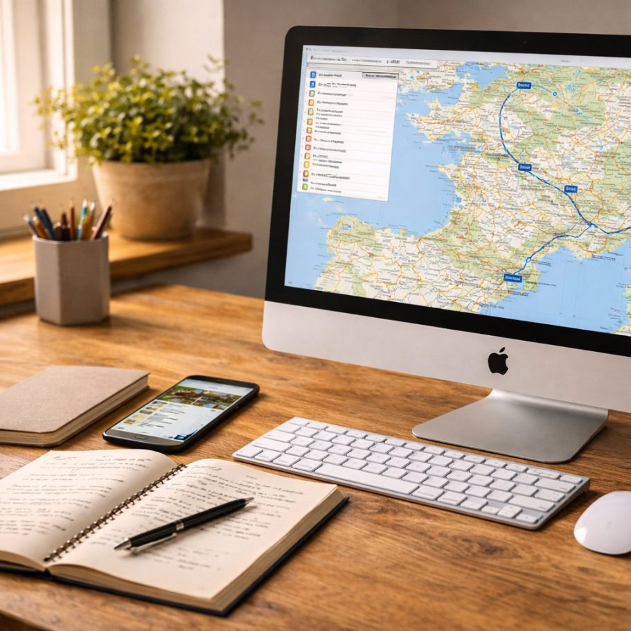 Routenplanung für eine Wohnmobilreise am Computer mit Karte, Notizbuch und Smartphone