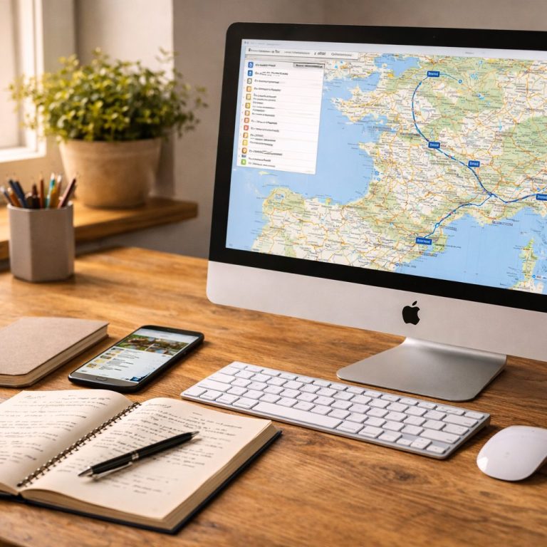 Computer mit Kartenansicht und geplanter Route für eine Wohnmobilreise, daneben Notizbuch, Smartphone und Maus auf einem Schreibtisch.
