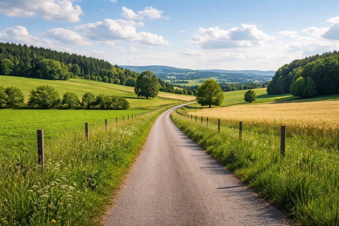 Ruhige Landstraße durch Felder – entspannt unterwegs Ruhige schmale Landstraße bei Tageslicht, umgeben von weiten Feldern und sanften Hügeln, ohne Verkehr oder Menschen