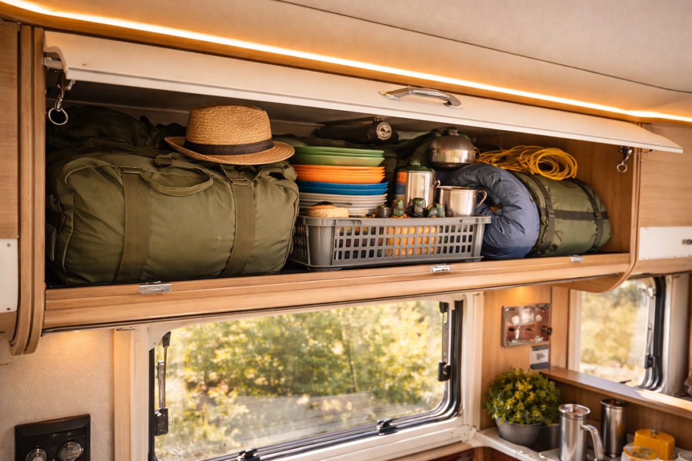Gepäck und Campingausrüstung im oberen Stauraum eines Wohnmobils