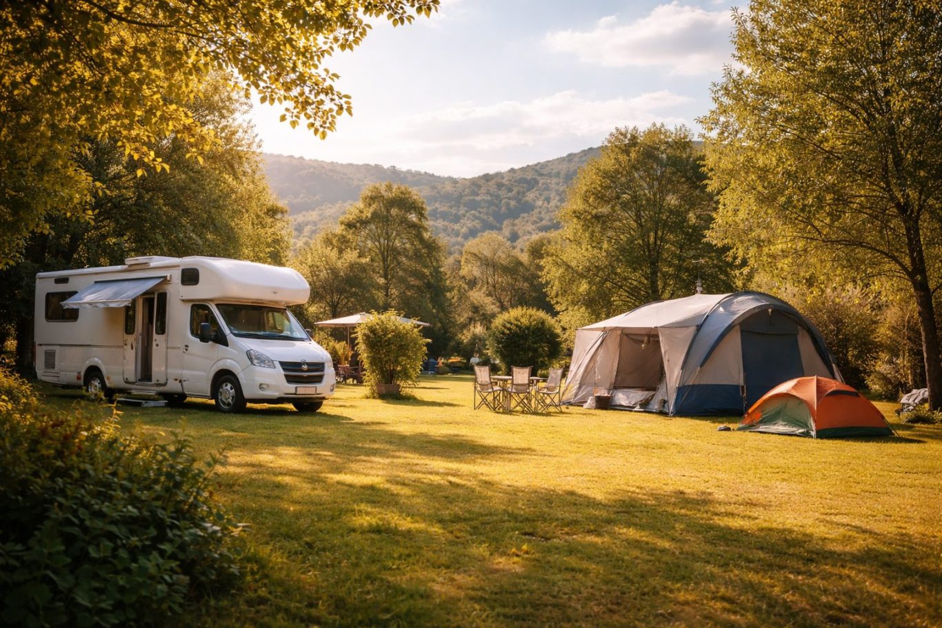 Wohnmobil und Zelte auf einem Campingplatz in grüner Landschaft