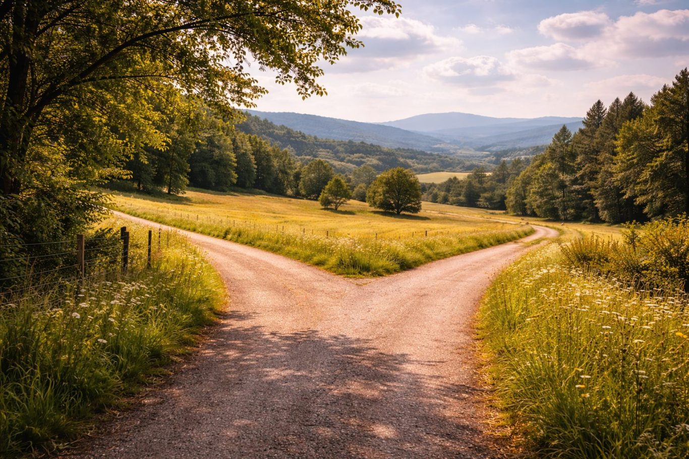 Weggabelung auf einem Feldweg in ländlicher Landschaft mit Blick ins Tal