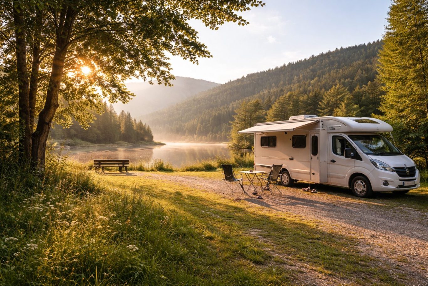 Ruhiger Stellplatz als Pause auf der Campingreise Wohnmobil steht ruhig auf einem Stellplatz am See im Morgen- oder Abendlicht, umgeben von Natur, als Symbol für Pausen, Entscheidungsspielra