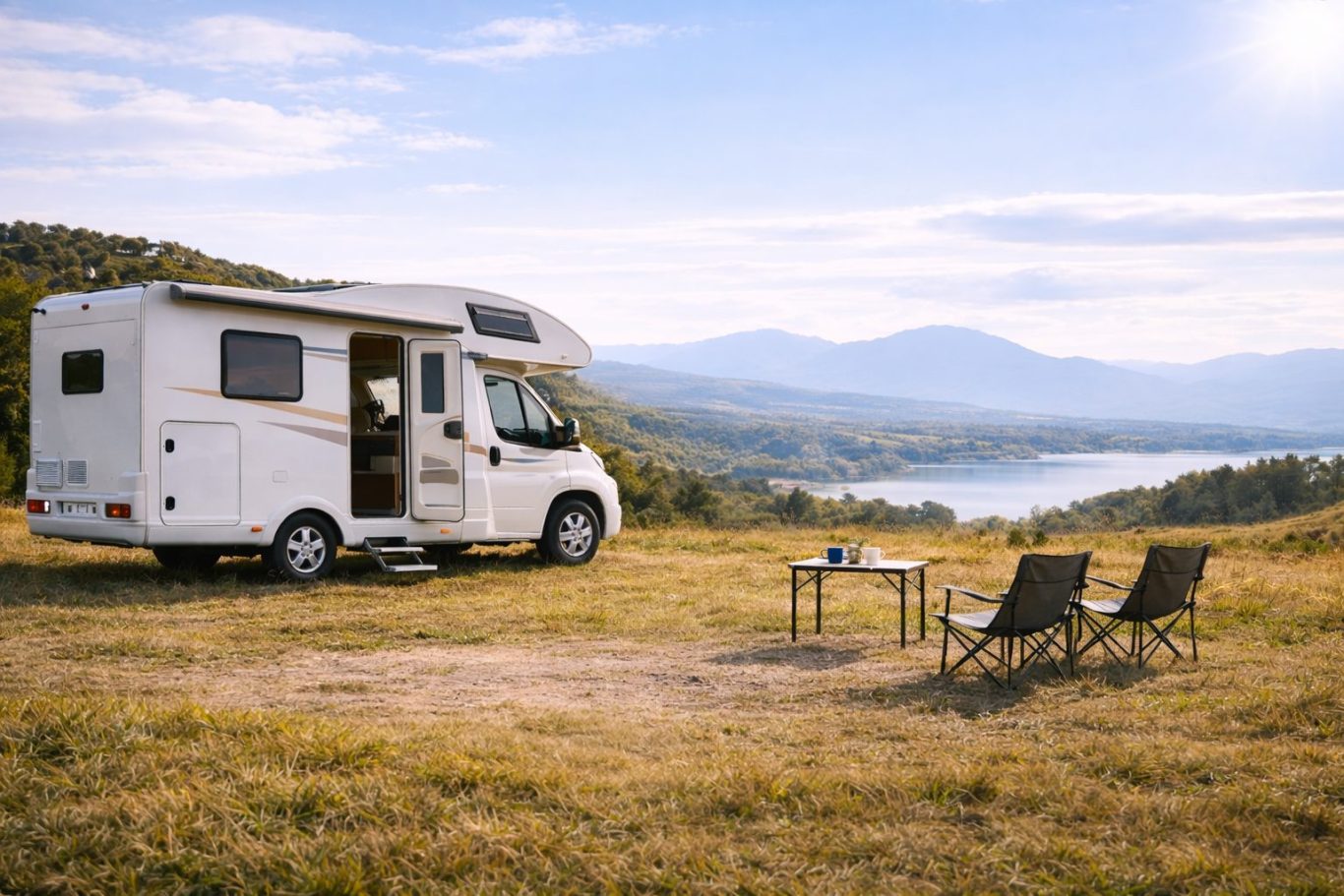 Weißes Wohnmobil auf einer Wiese mit Blick auf See und Berge, davor Tisch und zwei Campingstühle.