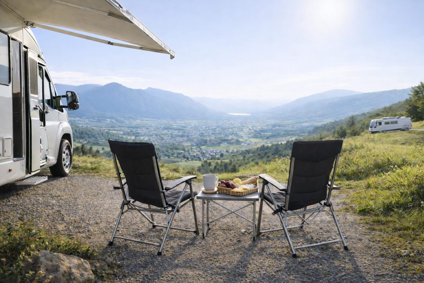 Wohnmobil auf einem ruhigen Stellplatz mit Tisch und Stühlen in schöner Landschaft – Symbol für eine entspannte Camperreise.