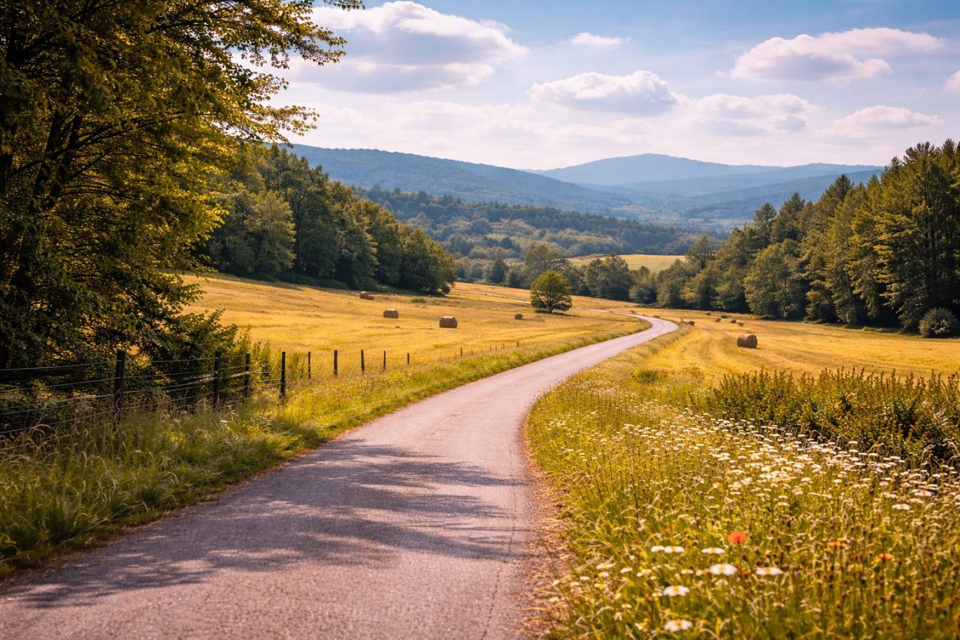 Geschwungene Straße durch Wiesen und Hügellandschaft mit Blick in die Ferne