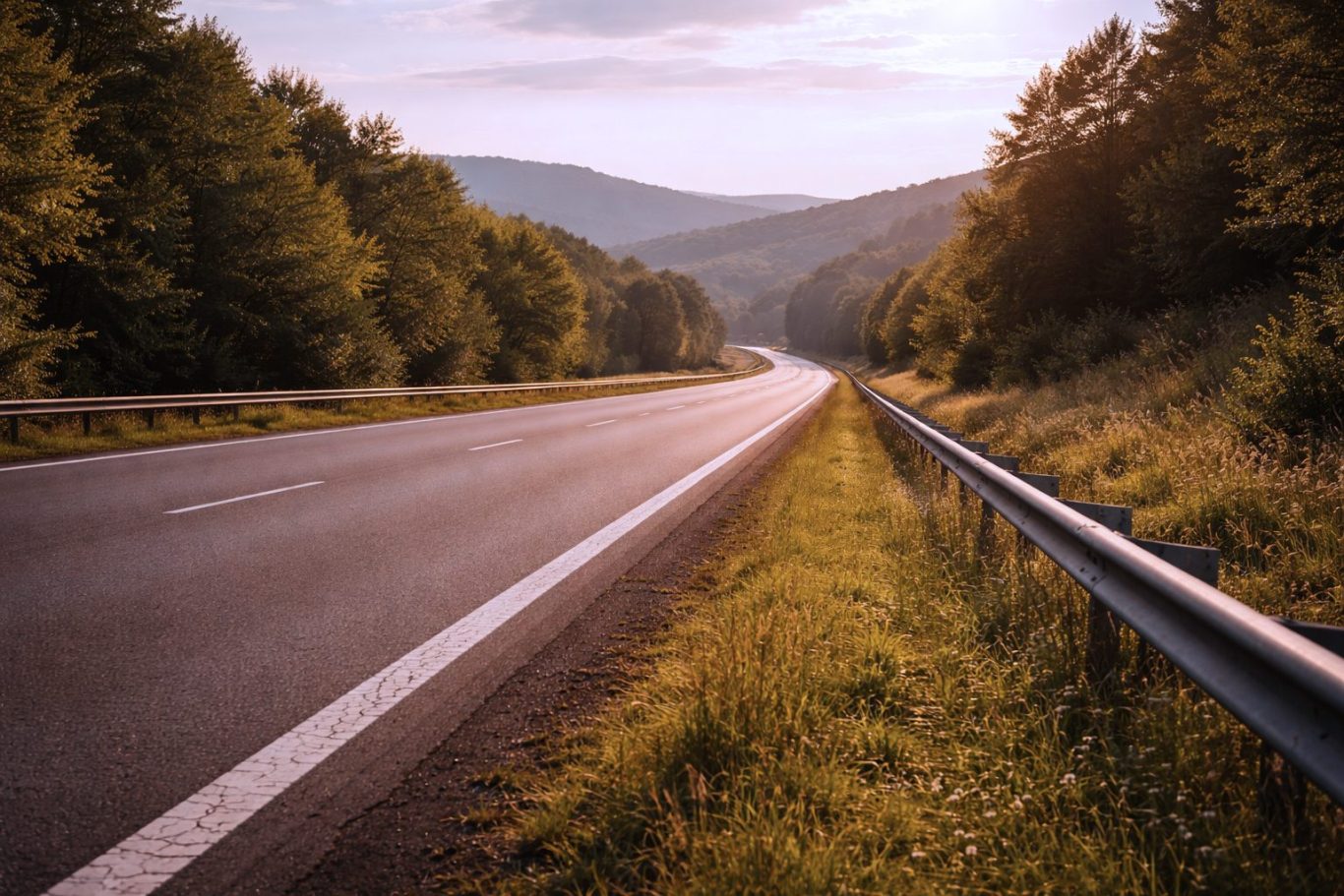 Lange Straße durch bewaldete Hügellandschaft mit Leitplanke am Straßenrand